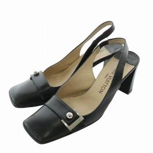 パンプス レザー スクエアトゥ チャンキーヒール ストラップ ロゴ シルバー金具 36 23cm 黒 ブラック