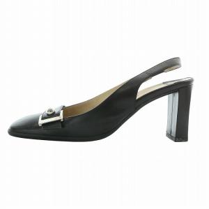 LOUIS VUITTON パンプス レザー スクエアトゥ チャンキーヒール ストラップ ロゴ シルバー金具 36 23cm 黒 ブラック