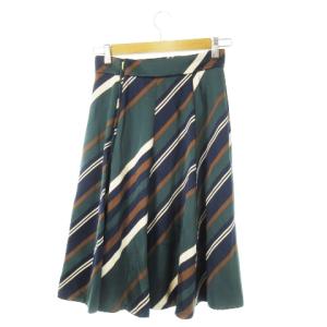 YVES SAINT LAURENT シルクスカート フレア ひざ丈 サテン 厚手 ロゴ ストライプ レジメンタル 緑 グリーン 297245 YSD17