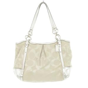 ハンドバッグ キャンバス レザー 切替 シグネチャー グレージュ シルバー色 F20807 /AH12