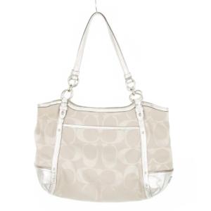 COACH ハンドバッグ キャンバス レザー 切替 シグネチャー グレージュ シルバー色 F20807 /AH12