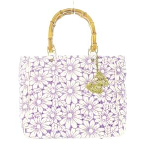 ハンドバッグ バンブーハンドル キャンバス フラワー 花柄 刺繍 チャーム付き 紫 パープル /AH17