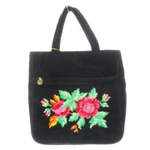 ハンドバッグ シュニール織 パイル 花柄 牡丹 ロゴ 黒 ブラック /CK11 GY18