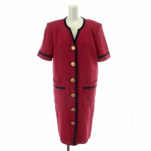 ヴィンテージ レトロ ワンピース ロング 半袖 金ボタン M ピンク 紺 ネイビー /MP GY18