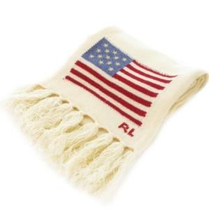 マフラー ウール フリンジ アメリカ国旗 ロゴ インターシャ ONE ベージュ /MN8 GY18