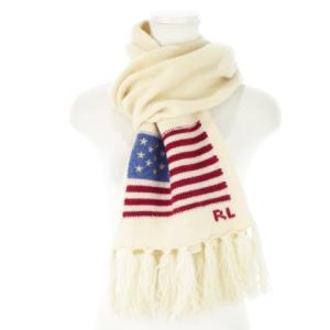 POLO RALPH LAUREN マフラー ウール フリンジ アメリカ国旗 ロゴ インターシャ ONE ベージュ /MN8 GY18