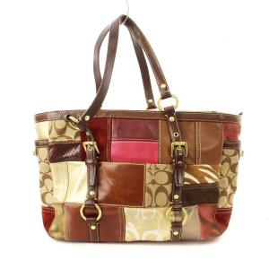 COACH ハンドバッグ パッチワーク シグネチャー レザー 茶 10437