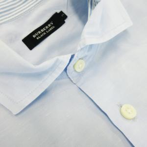 BURBERRY BLACK LABEL ワイシャツ Yシャツ ホリゾンタルカラー 長袖 ロゴ 刺繍 ネップ 麻 リネン混 3 L 青 ブルー サックス