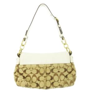 COACH ハンドバッグ ワンハンドル ミニ キャンバス 切替 レザー シグネチャー チャーム付き ゴールド金具 茶 ブラウン 白 ホワイト