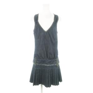 ワンピース ジャンパースカート ミニ ノースリーブ Vネック プリーツ M 紺 インディゴ /AH18