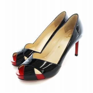 パンプス オープントゥ エナメル レザー ハイヒール ロゴ 34.5 21.5cm 黒 ブラック GY18