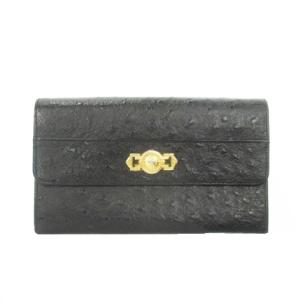 長財布 ロングウォレット 小銭入れあり オーストリッチ レザー 本革 ロゴ ゴールドカラー金具 黒 ブラック