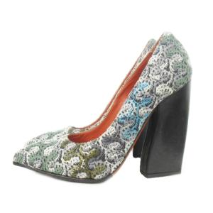 GRIGIOVERDE パンプス ハイヒール ポインテッドトゥ チャンキー 変形ヒール ニットレース 総柄