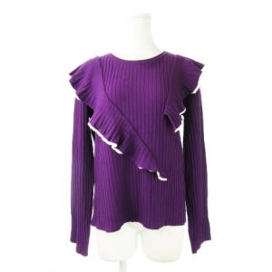 リブニットセーター ラウンドネック 長袖 フリル 切替 ストレッチ ライン L 紫 パープル /CK27