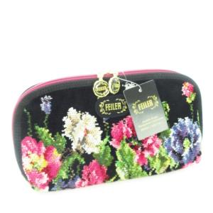 長財布 ロングウォレット ポーチ型 小銭入れあり ラウンド ダブルファスナー シュニール織り 花柄 ロゴ