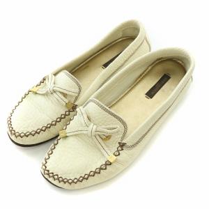 スリッポン フラットシューズ レザー スクエアトゥ レザー リボン 35.5 アイボリー /BB MT