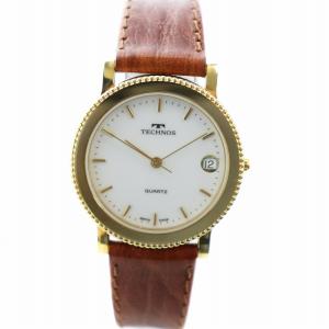 腕時計 ウォッチ クォーツ デイト カレンダー付き ラウンド 白文字盤 ロゴ レザーベルト ゴールド色