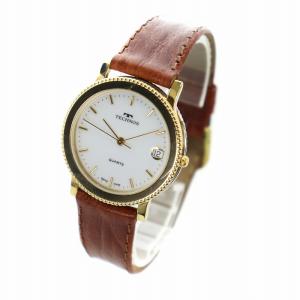 TECHNOS 腕時計 ウォッチ クォーツ デイト カレンダー付き ラウンド 白文字盤 ロゴ レザーベルト ゴールド色