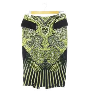 タイトスカート ひざ丈 配色 切替 ペイズリー柄 ストライプ ストレッチ 44 L 緑 グリーン 黒 ブラック