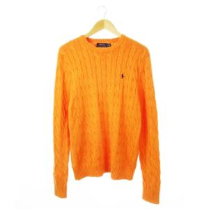 ニット セーター ラウンドネック 丸首 長袖 コットン ケーブル編み ワンポイント ロゴ M オレンジ