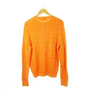 POLO RALPH LAUREN ニット セーター ラウンドネック 丸首 長袖 コットン ケーブル編み ワンポイント ロゴ M オレンジ