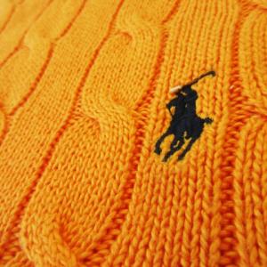 POLO RALPH LAUREN ニット セーター ラウンドネック 丸首 長袖 コットン ケーブル編み ワンポイント ロゴ M オレンジ
