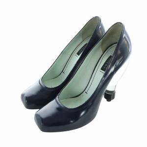 パンプス レザー スクエアトゥ ロゴ 電球ヒール 39 24.5cm 紺 ネイビー GY18 /MQ