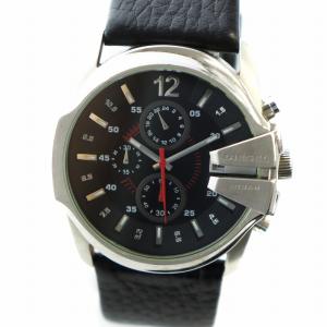 腕時計 ウォッチ クォーツ クロノグラフ カレンダー付き ロゴ 黒文字盤 ラウンド レザーベルト シルバー色