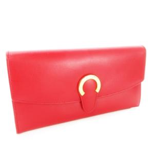 長財布 ロングウォレット 小銭入れあり がま口 レザー 本革 フラップ ロゴ ゴールド金具 赤 レッド