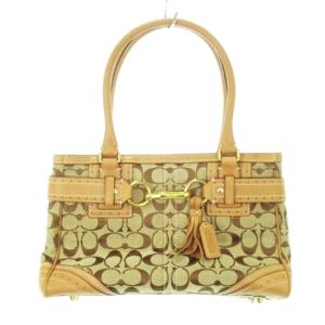 ハンドバッグ キャンバス レザー シグネチャー タッセル ロゴ 総柄 茶 ブラウン F10507 /AH9