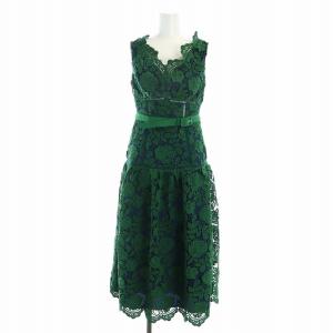 ロングワンピース ドレス フレア 花柄 ノースリーブ レース ウエストベルト ロゴ US0 緑 グリーン