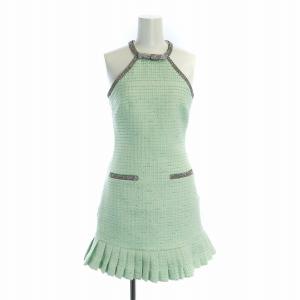 ノースリーブワンピース ミドル ファンシーツイード ラメ ラインスストーン UK4 水色 緑 グリーン