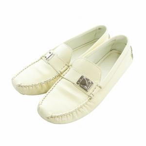 ドライビングシューズ フラット 靴 スクエアトゥ エナメル ロゴ シルバー金具 38 24.5cm アイボリー