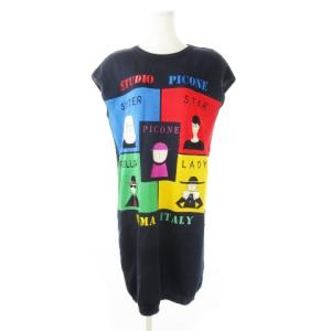 ニットワンピース ひざ丈 ノースリーブ インターシャ 刺繍 ヒューマン ロゴ 紺 ネイビー /CK15