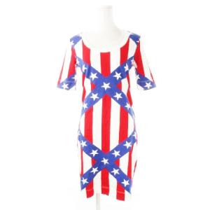 Tワンピース ミニ デコルテ 五分袖 半袖 薄手 プリント アメリカン ストライプ 星 スター 40 L