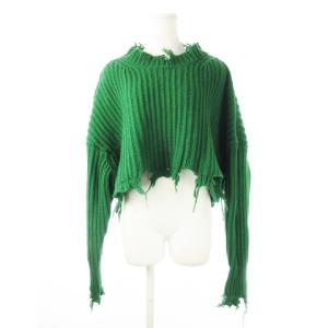 ニット セーター モックネック 長袖 リブ クロップド ショート丈 ヴィンテージ加工 フリンジ 厚手 緑