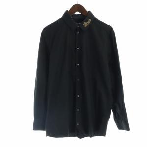 GOLD 長袖シャツ ステンカラー 刺繍 シェルボタン ロゴ IT42 XXS 黒 ブラック G5DM6Z