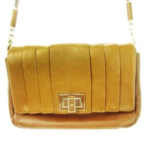 ショルダーバッグ ミニ レザー 本革 タック プリーツ ロック金具 ロゴ 茶 ブラウン 2114074-87