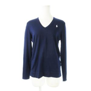 ニットセーター Vネック 長袖 メリノウール 薄手 ハイゲージ ロゴ 刺繍 S 紺 ネイビー /CK18