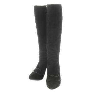 ロングブーツ スエード ハイヒール ポインテッドトゥ パイピング 37 24cm 黒 ブラック /MN7