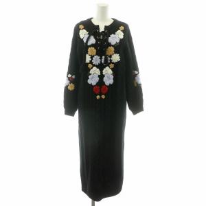 ワンピース ニット セーター ロング 花柄 刺繍 長袖 ウール混 ケーブル編み 36 S 黒 ブラック