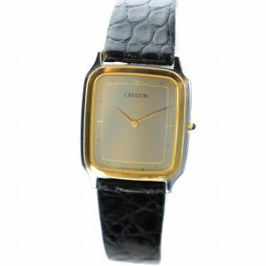 CREDOR 18KTベゼル SS 腕時計 クォーツ スクエア ゴールドカラー ブラック