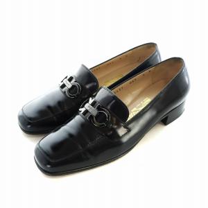 ローファー パンプス スクエアトゥ レザー ガンチーニ ロゴ 6 23.5cm 黒 ブラック GY18