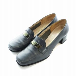 パンプス レザー ロゴ スクエアトゥ チャンキーヒール 6 23.5cm 黒 ブラック GY18 /MQ