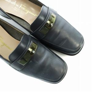 Salvatore Ferragamo パンプス レザー ロゴ スクエアトゥ チャンキーヒール 6 23.5cm 黒 ブラック GY18 /MQ