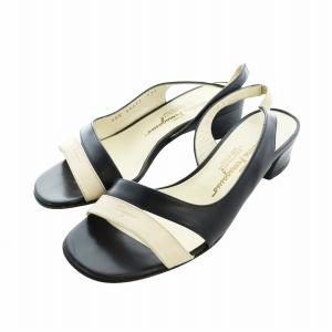 ストラップサンダル ミュール レザー バイカラー ロゴ スクエアトゥ 5.5 23cm 黒 ブラック ベージュ