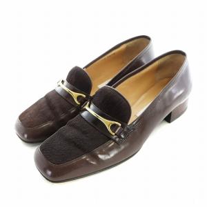 パンプス スクエアトゥ レザー ハラコ ゴールド金具 36 23cm 茶 ブラウン GY18 /MQ