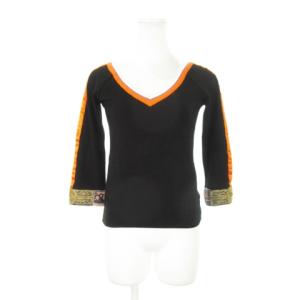 ニット ニットソー Vネック 七分袖 ライン ビーズ装飾 42 M 黒 ブラック オレンジ /AH15