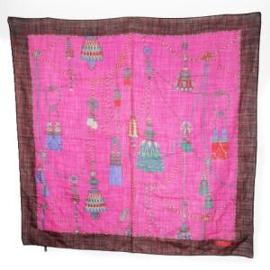 スカーフ 大判 スクエア ウール 薄手 タッセル柄 グレンチェック ピンク /CK27 GY11