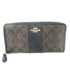 長財布 ロングウォレット 小銭入れあり ラウンドファスナー PVC 切替 レザー シグネチャー 茶 ブラウン